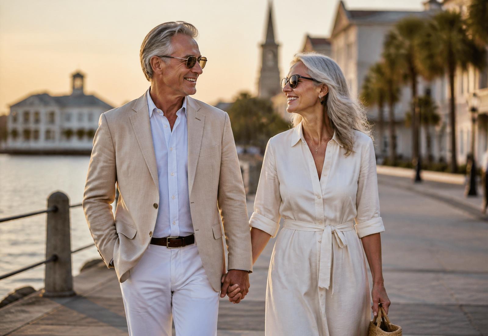 Couple walking along a Lowcountry waterfront near Bluffton at sunset